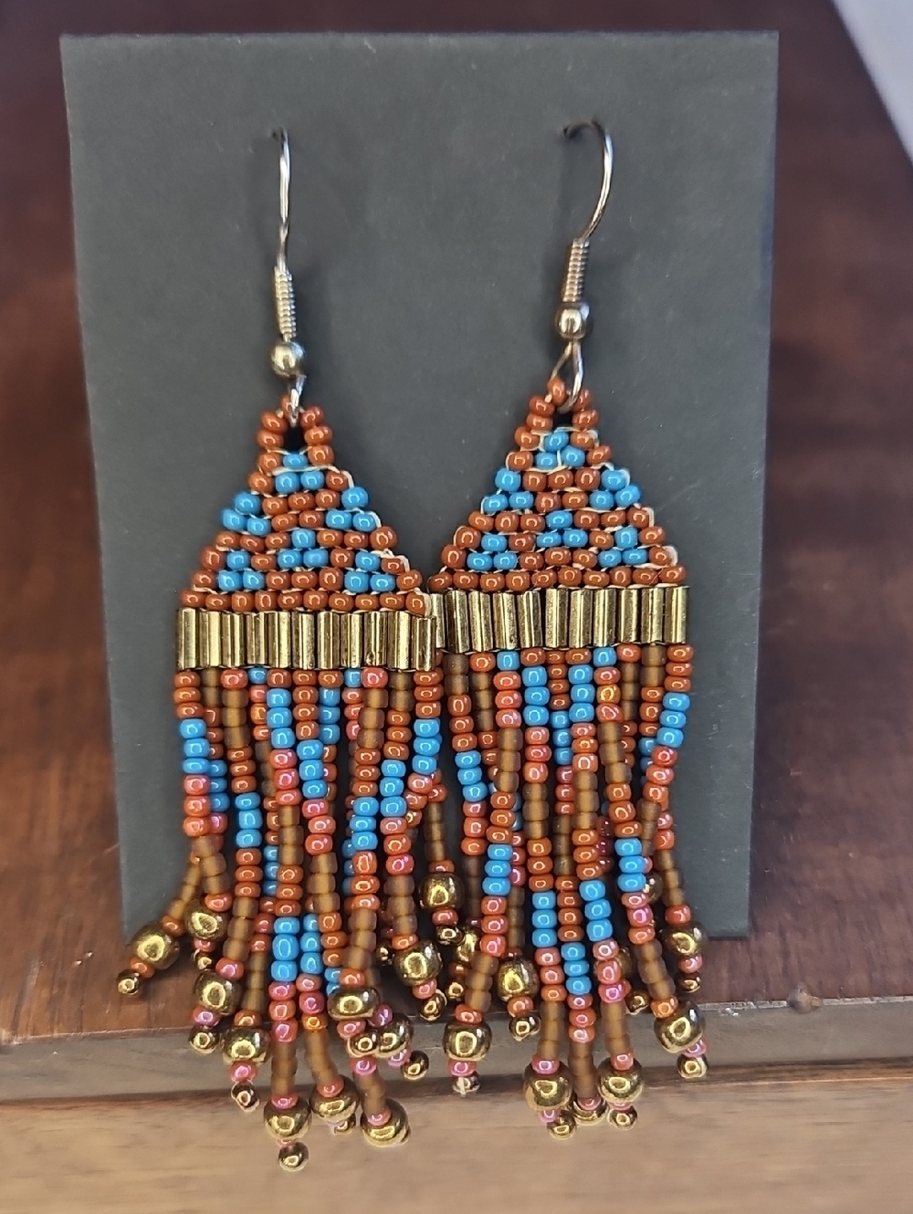 Beaded Fringe Earrings - Blue, Red &Brown - Picture 2 of 2